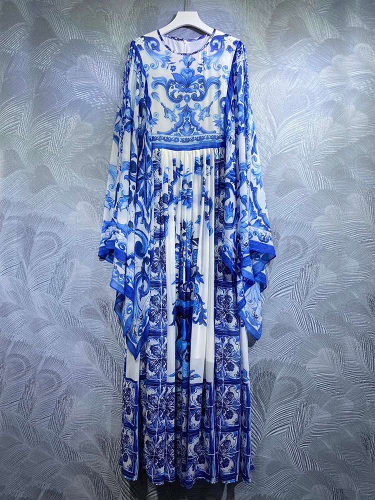 

Blue and White Porcelain Printing Dress Chiffon Silk Women Full Long Vestidos Party Vacation Expansion