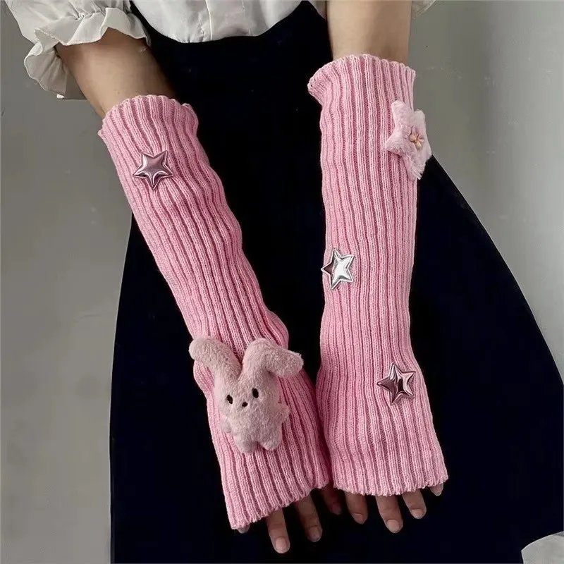 Womens Knit Long Sleeves Fingerless Gloves Fashion Arm Sleeve Warmers Y2k Kawaii Star Long Gloves Fashion Arm Warm Accessories