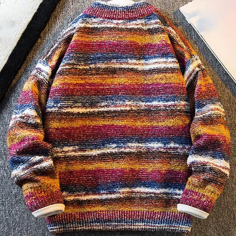 Patchwork Color Men Gradient Tie-Dye Sweater Coat Vintage Fashion O-Neck Korean Warm Sweater Winter Male Thick Cardigan Sweater