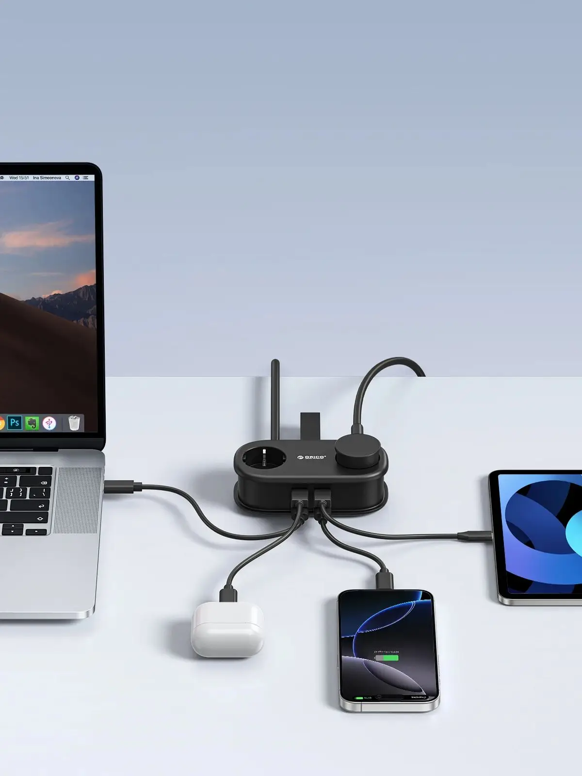ORICO EU Plug GaN 65W Listwa zasilająca 2 gniazda AC 2 porty USB 1 gniazdo typu C Przedłużacz szybkiego ładowania Podróż — zdjęcie produktu 7