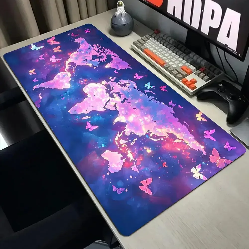 Colorful Butterflies And Map Mouse Pad Desk Mat With Stitched Edge Xxl Mousepads Rubber Anti Slip Gamer Keyboard Rug Gaming Mats