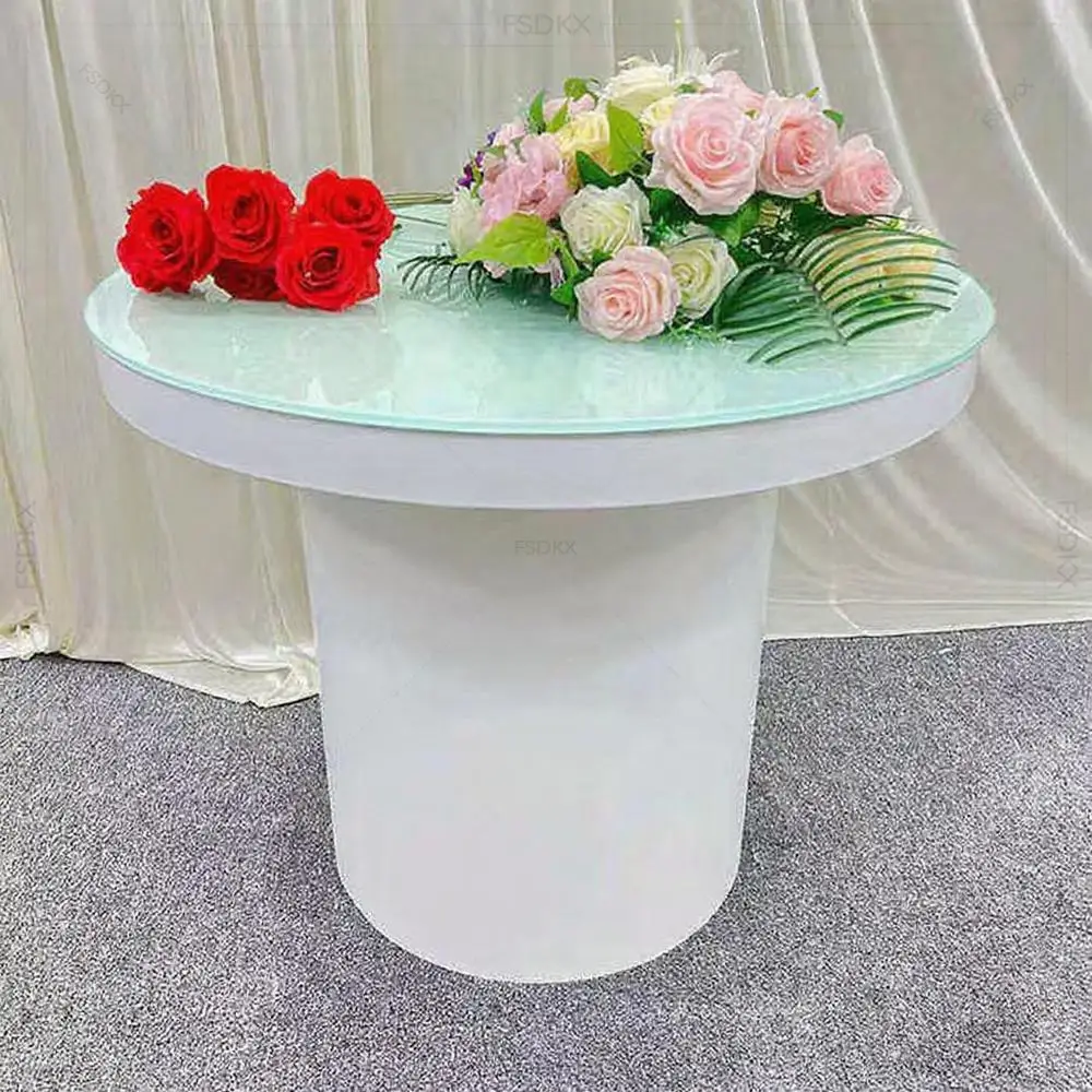 FSDKX White Base Gold Stainless Steel Round Mirror Glass Top Wedding Cake Table