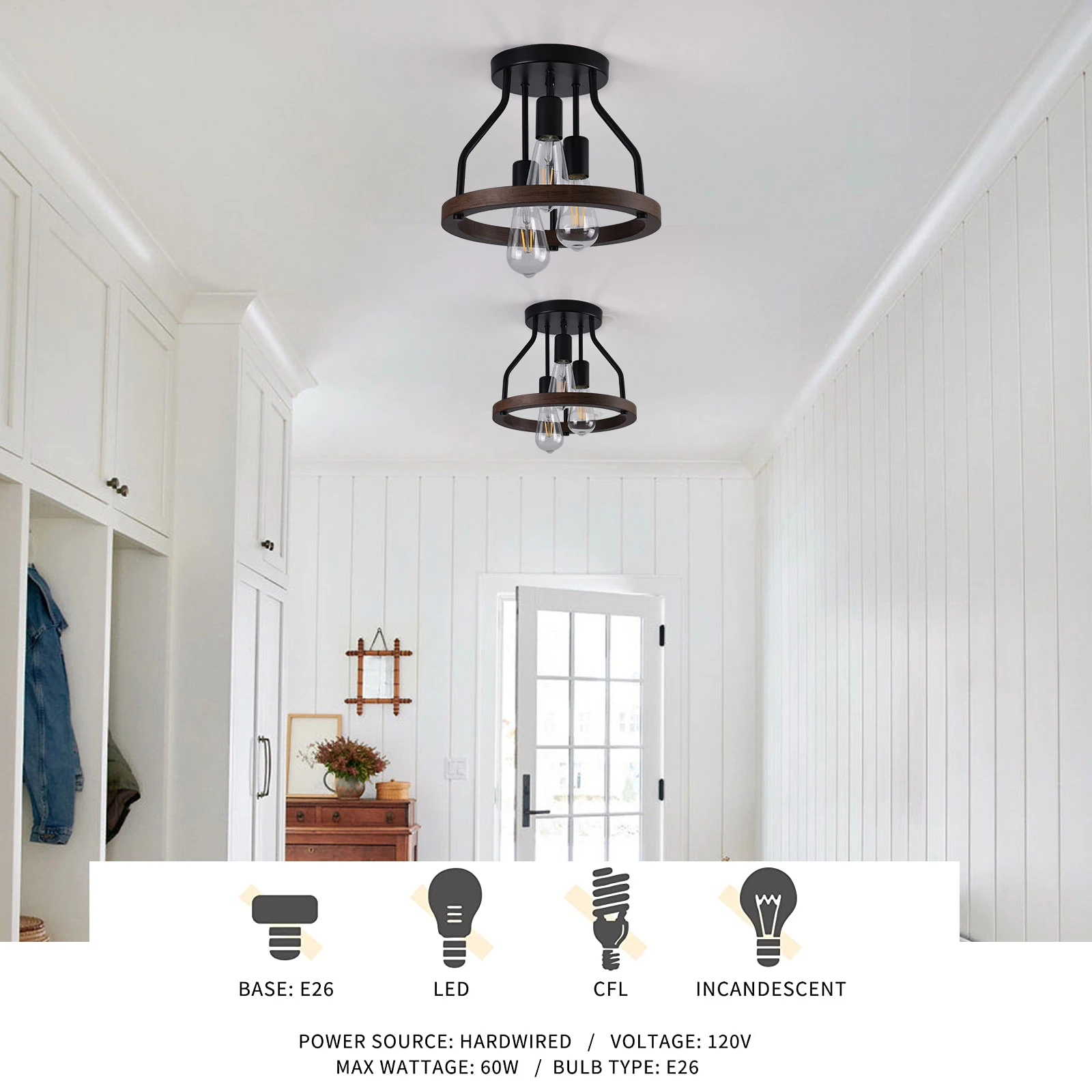 Retro Ceiling Light Pendant Standard E26 Lamp Holder Compatible With Various Edison, CFL or LED Bulbs Without Light Source