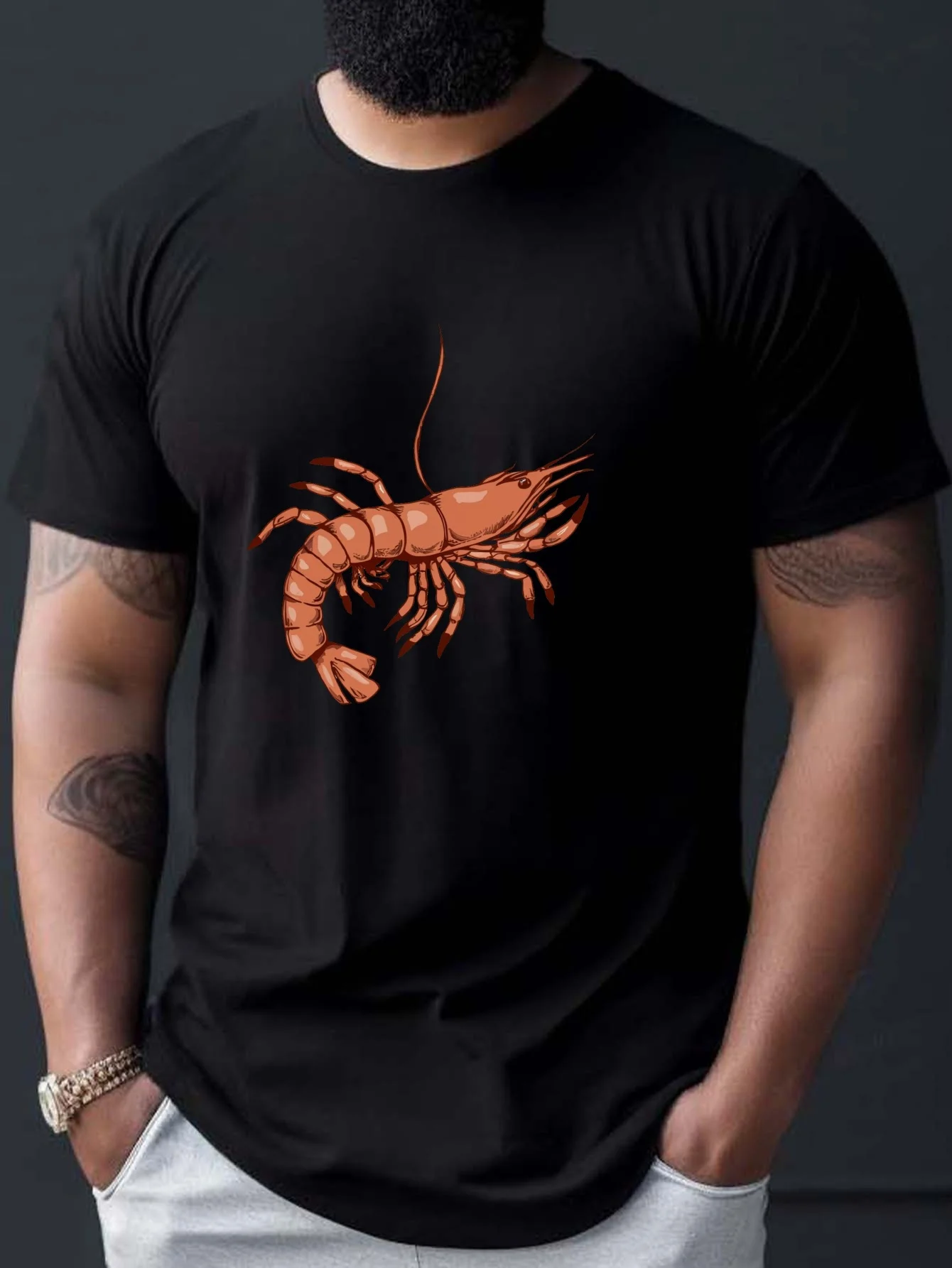 

Футболка с рисунком креветок, мужская повседневная футболка с коротким рукавом, летняя футболка с принтом, топ унисекс, топ с рисунком морепродуктов, модный дизайн