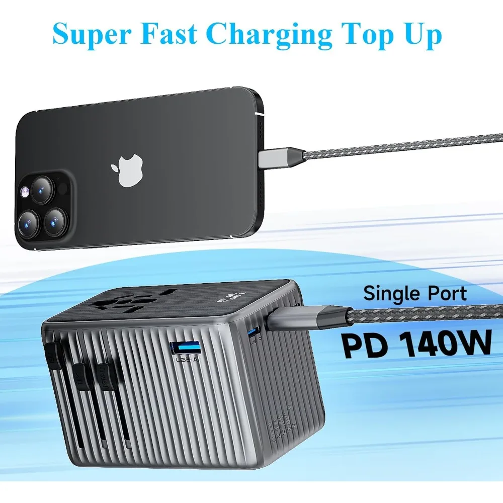 Adaptador de viagem universal 140W GaN PD Carregador rápido com 4 portas USB C USB Um conversor de tomada CA mundial para EUA UE Reino Unido AU