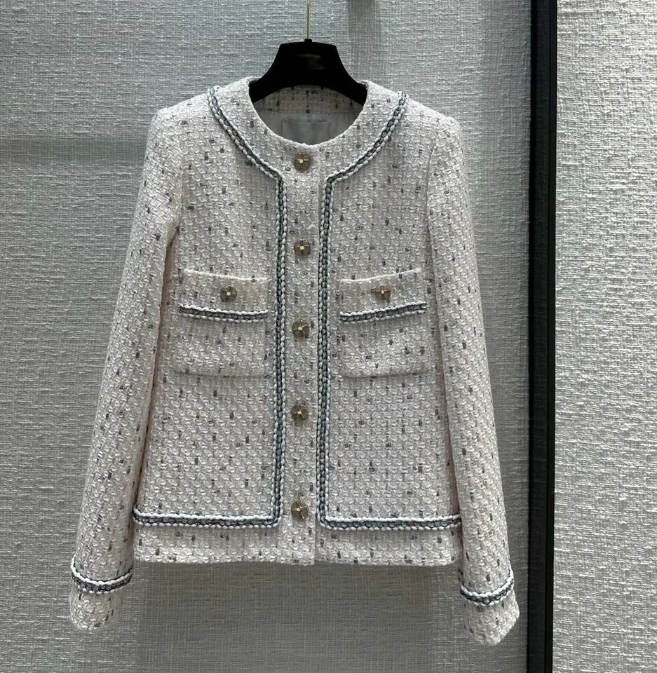 

High quality women lurex pockets tweed coats o-neck pockets single breasted weave coat