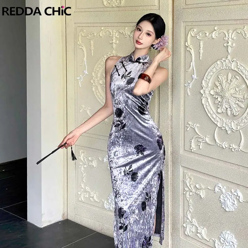 ReddaChic Vintage Rose Chinese Cheongsam Women Sexy Velvet Slim Fit Stretch Sleeveless Long Qipao Dress Elegant Summer Clothes