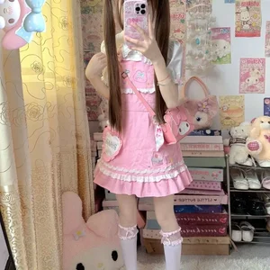 Mini Women's Lolita style dress, pink, kawaii, embroidery, lace, ruffles, bow, rabbit, strawberry dresses, sweet, Korean fashion, party 10 Main Sales Strawberry Dress - №5