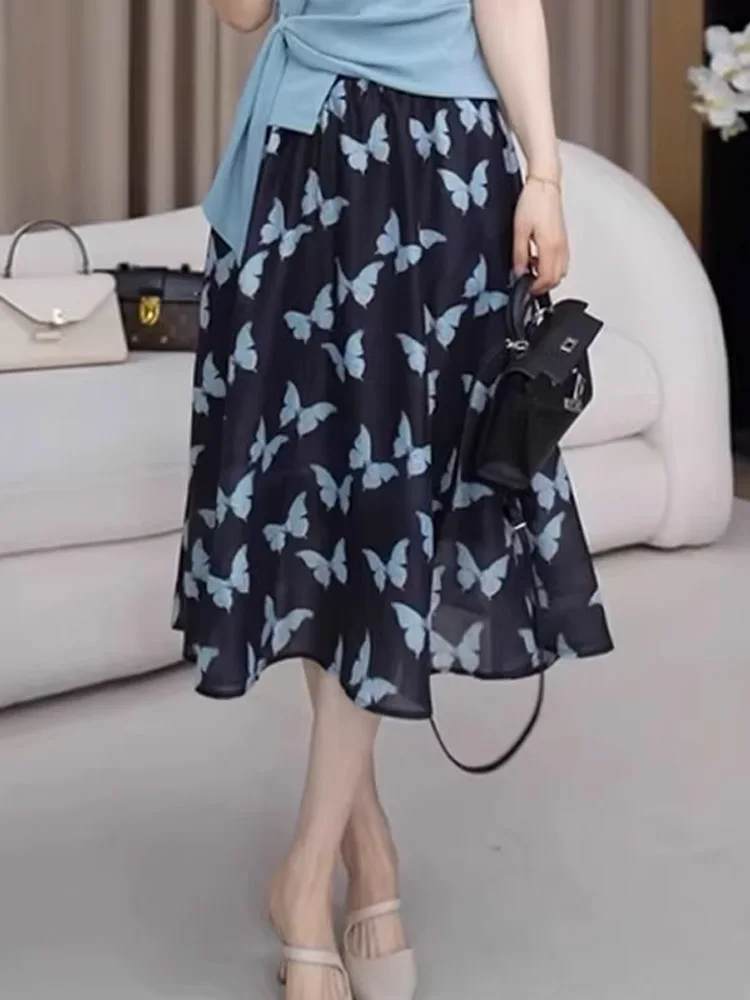 

Bla Print Casual f Skirt Women's Summer New Loose Slimming ort Skirt Breathable Cotton High Waist A-Line Skirt
