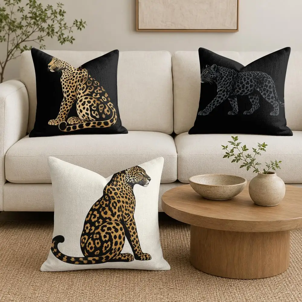 Graphic Leopards Cushion Cover Organic Linen Throw Pillow Cover - Double-Sided Print Breathable Cushion Case Home Decor