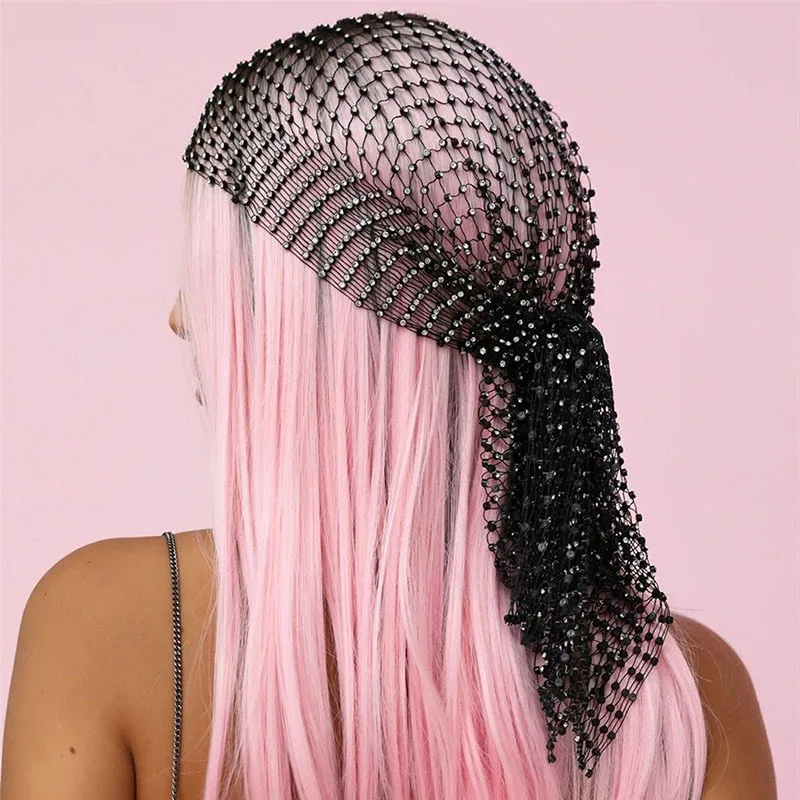 

Fashion Women Rhinestone Head Scarf Turban Hat Crystal Fishnet Mesh Cap Bling Headbands Hair Snood Nets Carnival Veil For Women