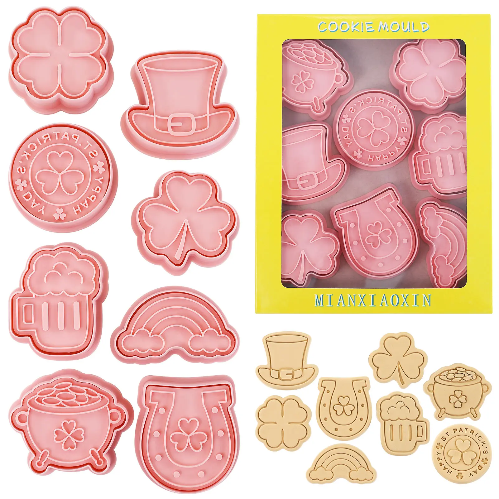 8 Uds. Cortadores de galletas del Día de San Patricio, trébol 3D, trébol de cuatro hojas, herradura, taza de cerveza, arcoíris, moldes para galletas con forma de sombrero de copa