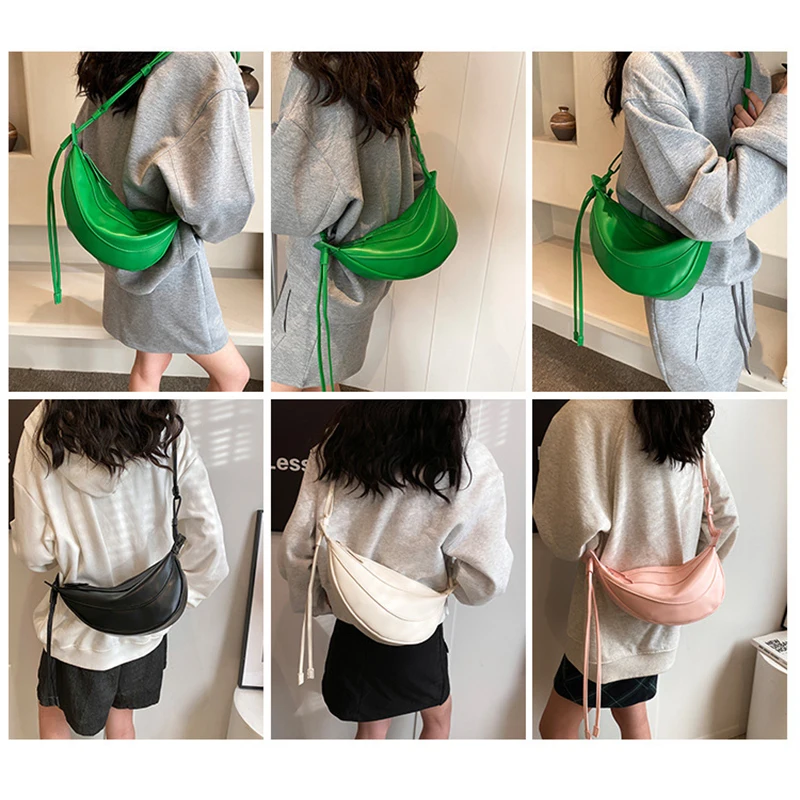 New Personalized Dumpling Bag Simple Personality Green Bag For Women Casual Crescent Shaped Saddle Bag Soft Leather Messenger