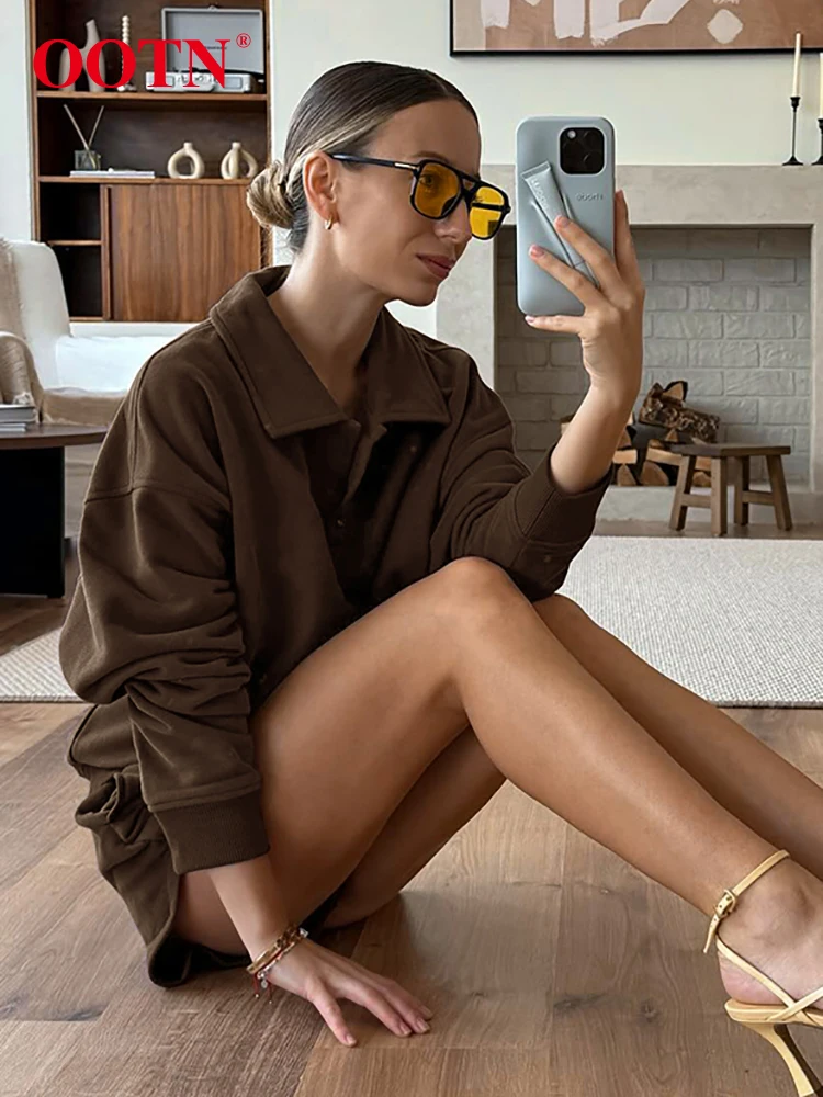 OOTN Vintage Brown Knitted Terry Shorts Sets Two Pieces Polo Sweatshirts Baggy Shorts Autumn Winter 2024 Female Outfits Office