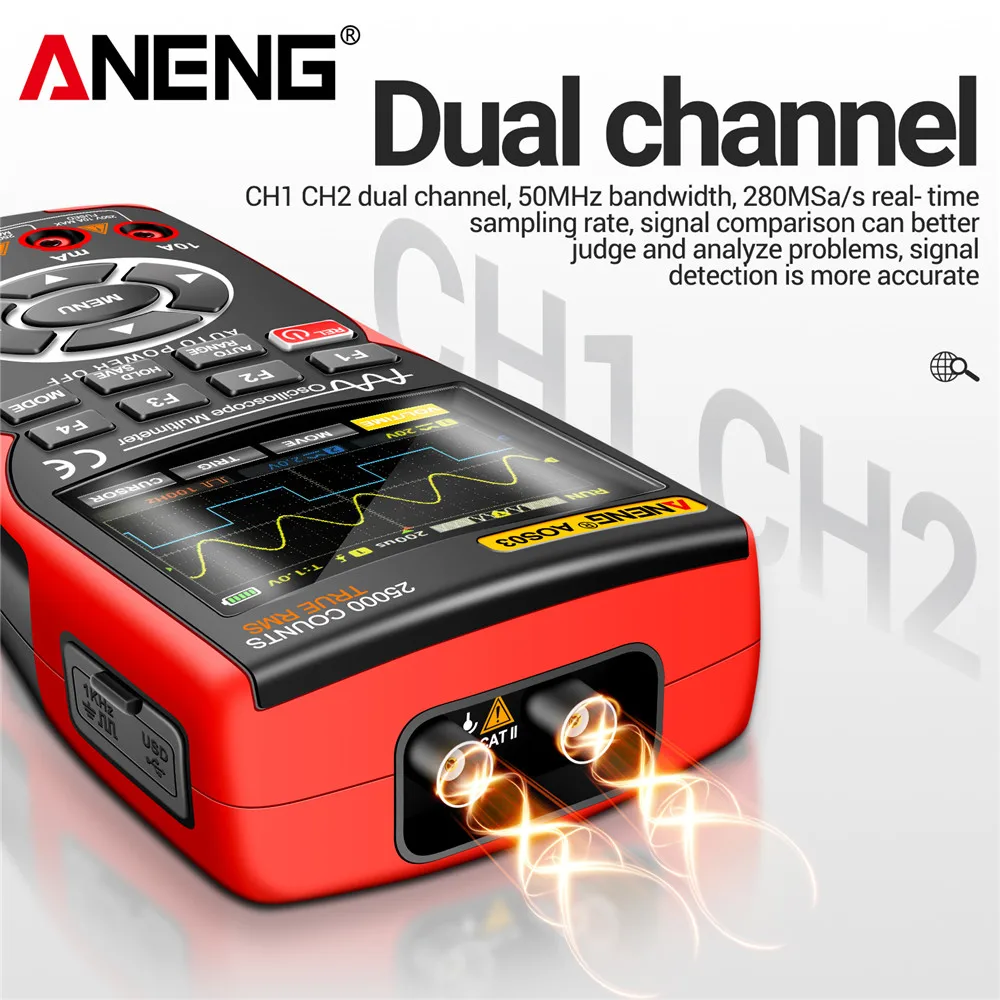 ANENG AOS03 3-in-1 Oscilloscope Multimeter Digital Bandwidth 50MHz 280MSa/s Signal Generator Dual Channel AC/DC Voltage Current