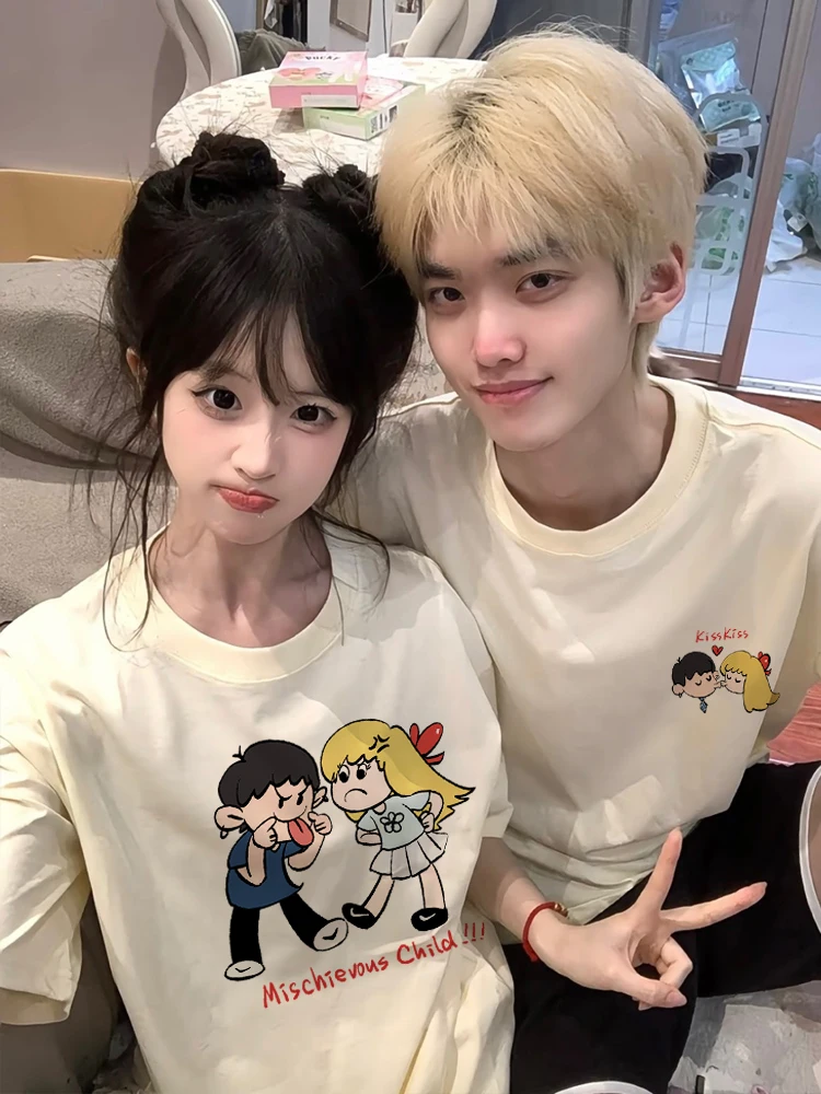 Troublemaker Character Pattern Couple T-shirt 2024 New Summer Trend Fashion Short Sleeve