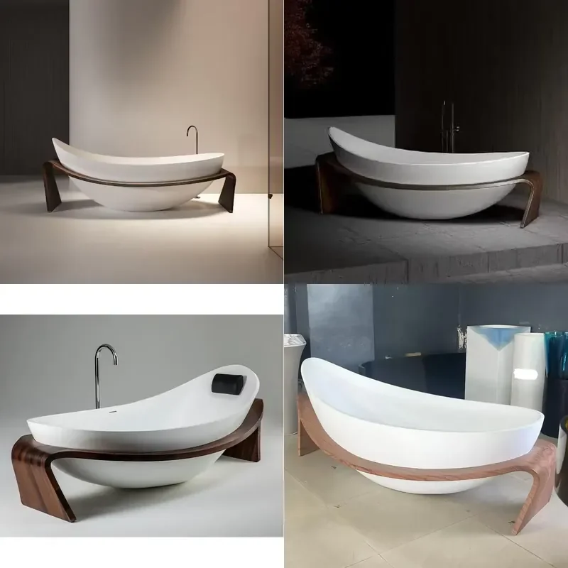 Unique Modern Wood Pattern Frame Freestanding Bathtub Solid Surface Artificial Stone Soaking Tub with Drain