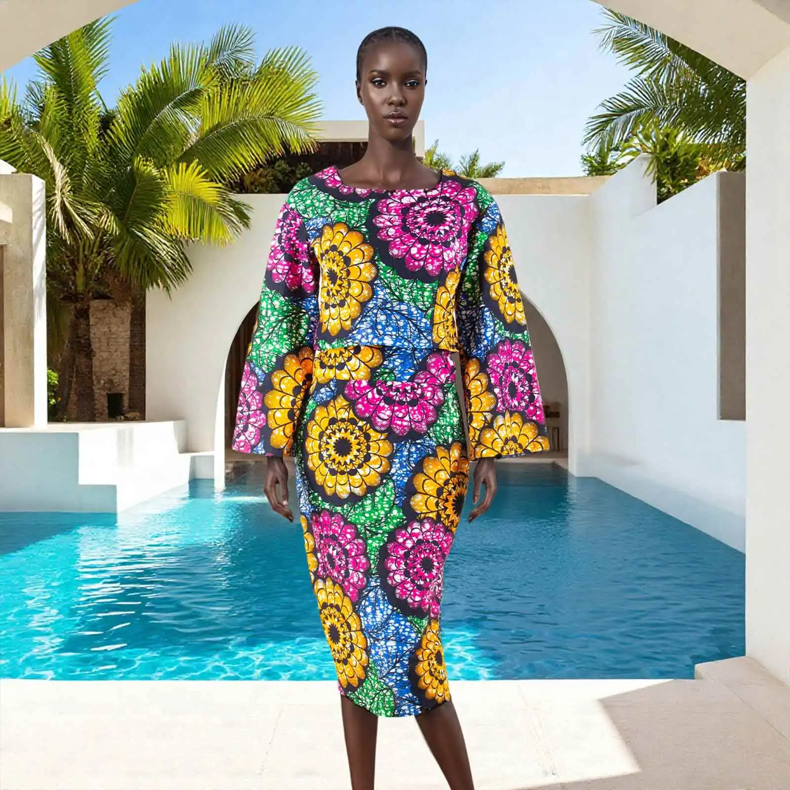 African 2 Piece Set for Women Suit Long Wide Sleeves Short Top+mid-calf Length Pencil Skirt Plus Size Wax Cotton A722630
