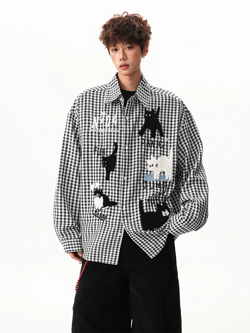 2025 Spring and Autumn New Men's Fun Cat Patch Plaid Long Sleeve Shirt Couple Loose Yellow Blue Casual Daily Shirt