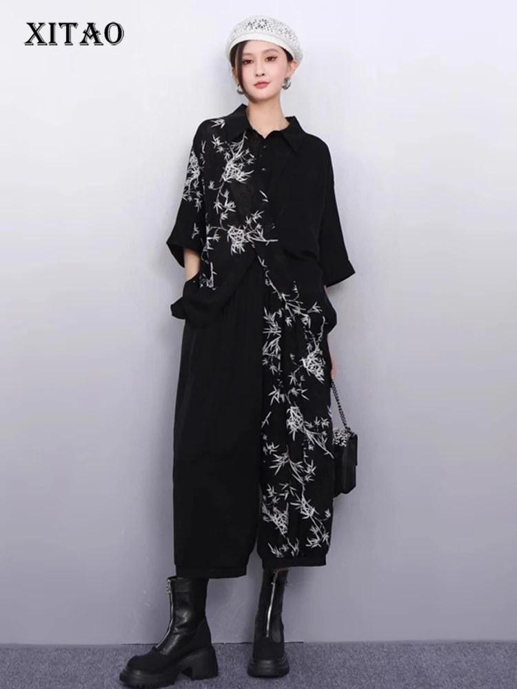 

XITAO Print Irregular Loose Sets Turn-down Collar Half Sleeve Temperament Vintage Elastic Waist Two-piece Woman Sets ZMY1314