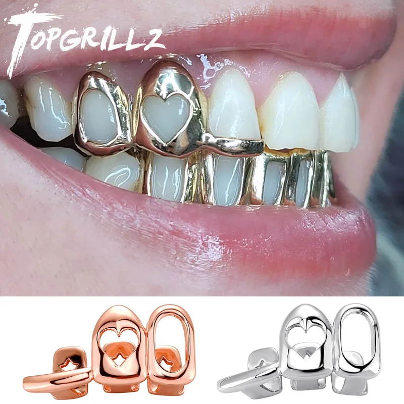 TOPGRILLZ Glossy Mixed 3 Hollow Heart Tooth Caps For Women Men Teeth Jewelry Horizontal Bar Dental Grillz Halloween Gift