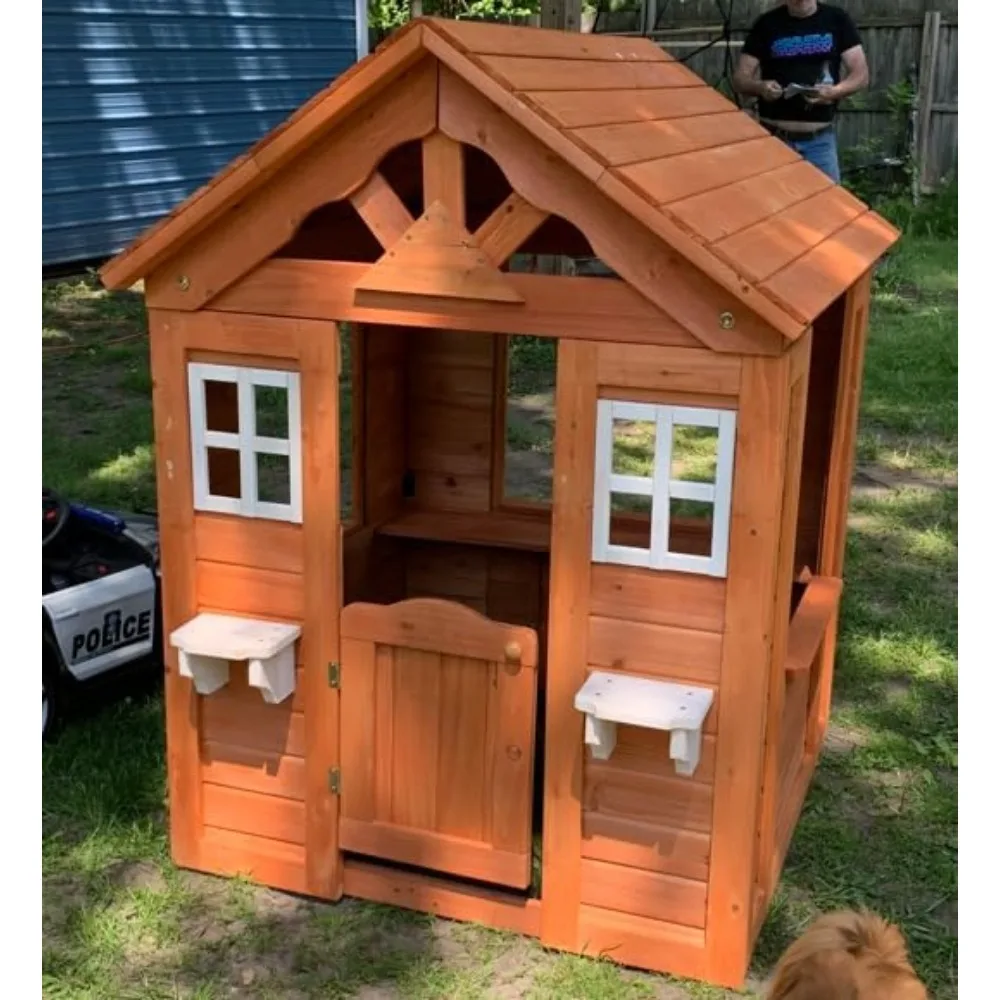 

Wooden Playhouse for Age 3-6 Years Boy Girl, Outdoor Cottage Playhouse with Door, 2 Windows, 3 Serving Station, Shelf & Flowerpo