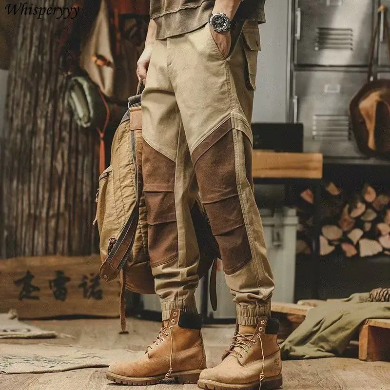 

Винтажные брюки-карго в стиле хип-хоп, карманные джоггеры, весенне-осенняя мужская одежда, лоскутные повседневные брюки, мужские уличные мешковатые брюки