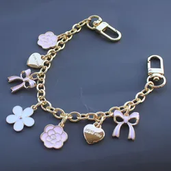Hand Wrist Strap phone Lanyard golden shinny Metal keychain bag charm decoration bag extended white pink bow heart pendant