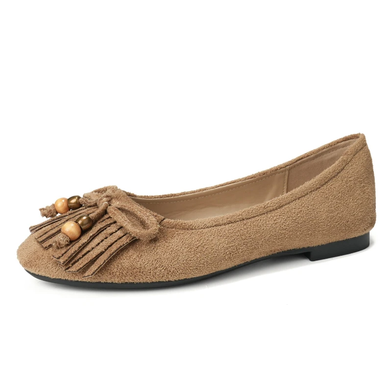 Retro Baleriny z Frędzlami Damskie Modne Sznurowane Koraliki Kokarda Eleganckie Sztuczne Zamszowe Mary Jane Wygodne Damskie Designerskie Buty Loafers
