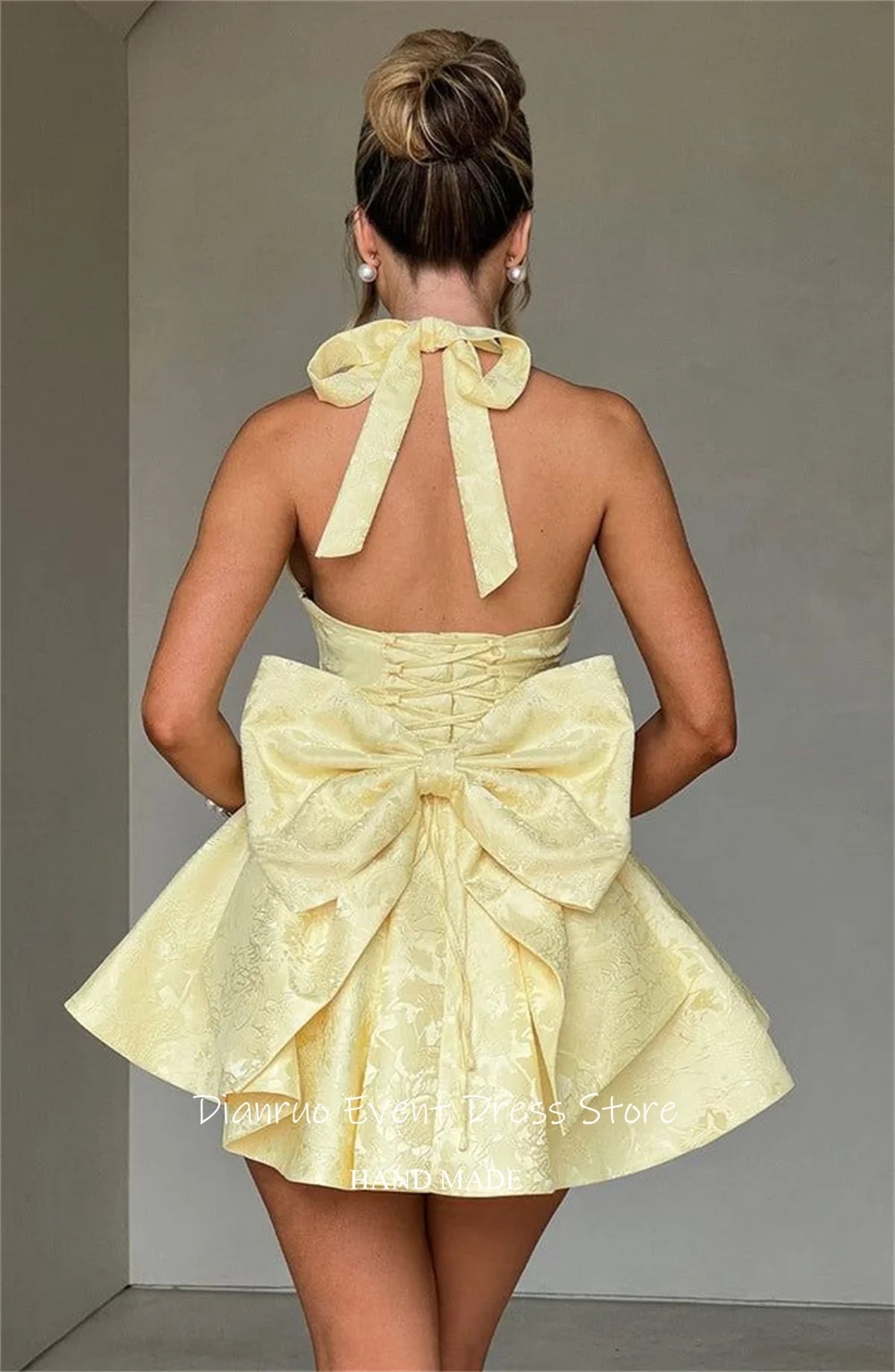 Dianruo Sexy Yellow Satin A Line Prom Dresses Mini Halter Women'S Clothing Party Sleveless Bow Adorned Lace Up Gowns Customized