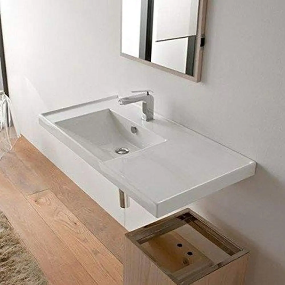 Rectangular White Ceramic Bathroom Sink Overflow Counter Space Left ADA Compliant