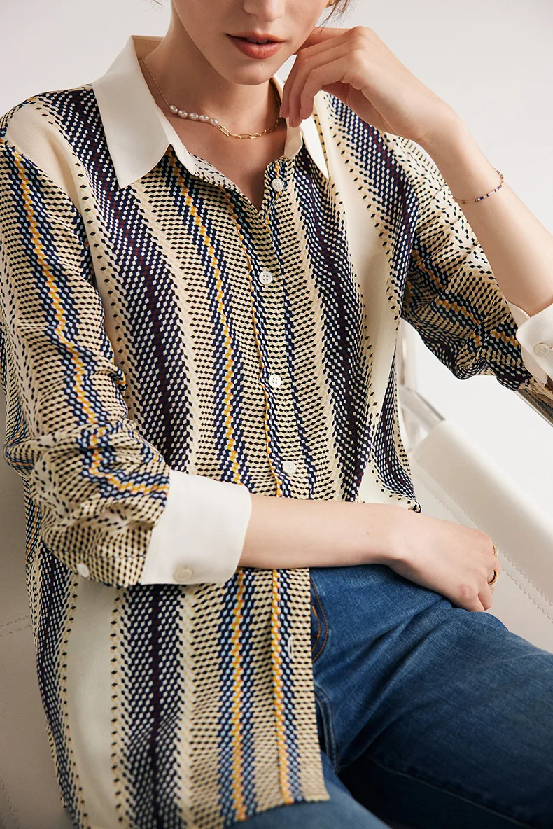 100% Natural Silk Women's Shirt Turn Down Collar Long Sleeves Printed Elegant Fashion Blouse Tops