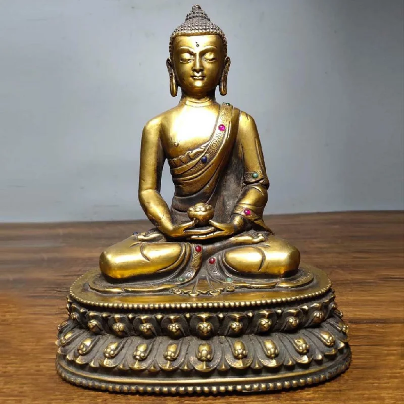 Old Chinese Carved Bronze Statue Gilding Inlay Jade Sakyamuni Buddha