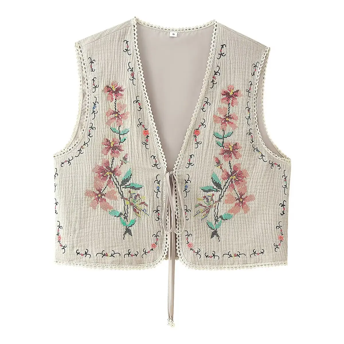 

Autumn women's vest, versatile cotton floral embroidery sleeveless V-neck vest for women