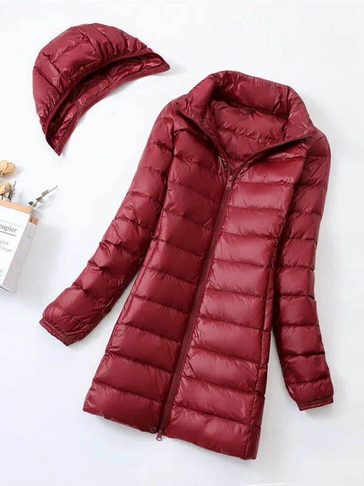 Frauen Kapuze abnehmbare Winter Puffer Jacken ultraleichte Kapuze Enten Daunen Mäntel Mode Büro Dame lange Feder Parkas 7xl