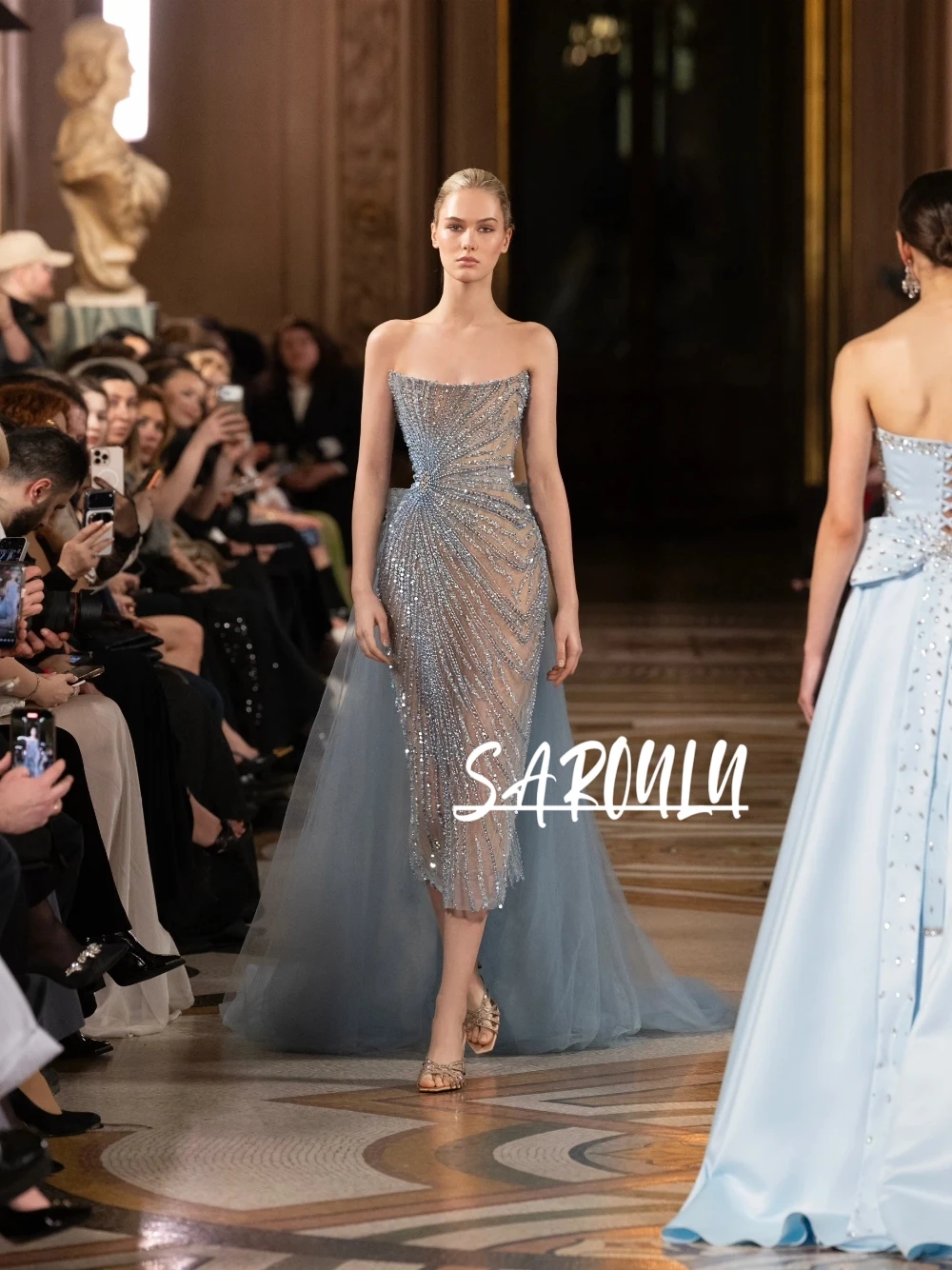 

Blue Strapless Beaded Evening Dress See Through Bodycon Customized Prom Gown With Train Intricate Glitter Luxury Formal Wear