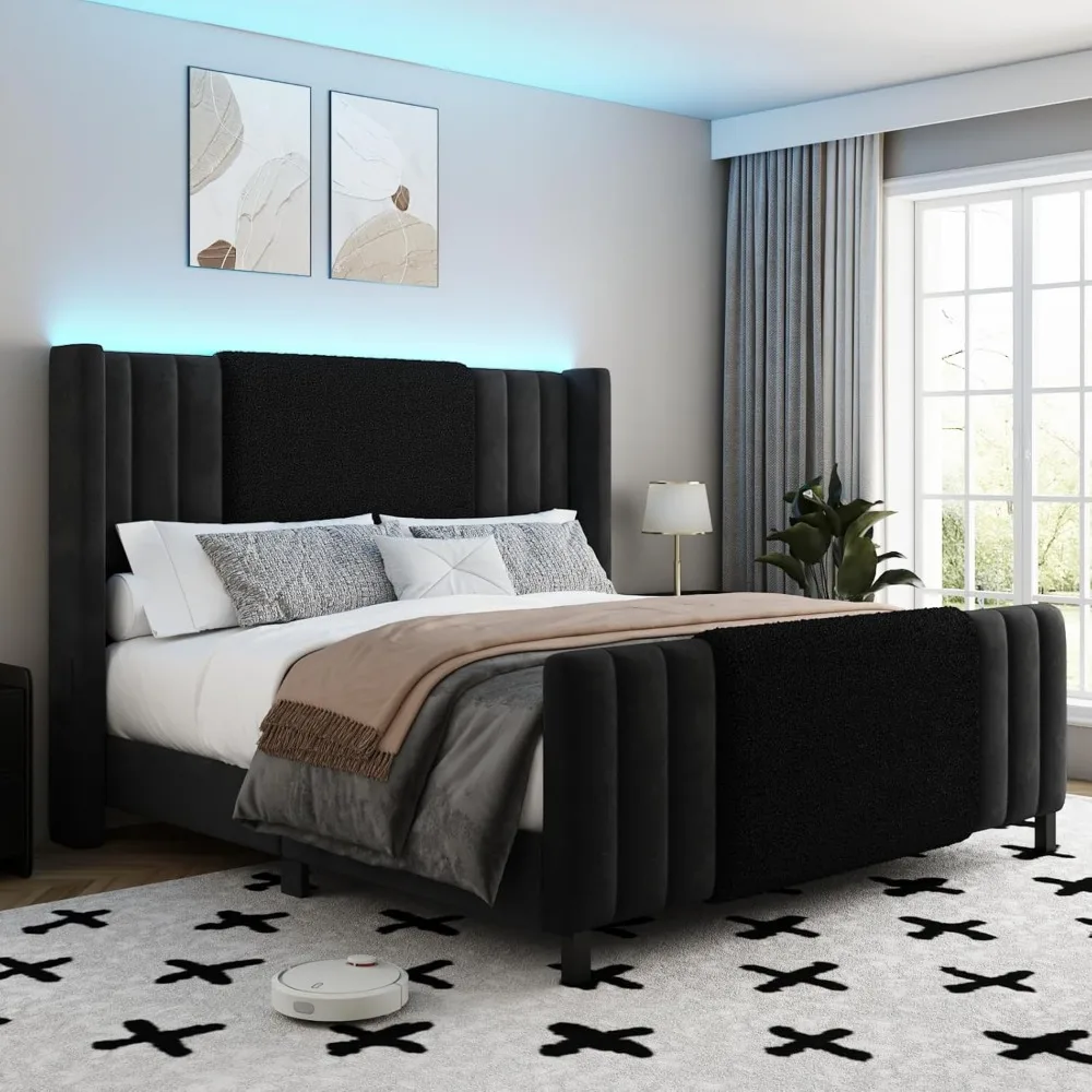 

Queen Size Bed Frame with Tall Headboard and Footboard, Boucle and Velvet Upholstered Bed Frame Queen with LED Lights, Modern Pl