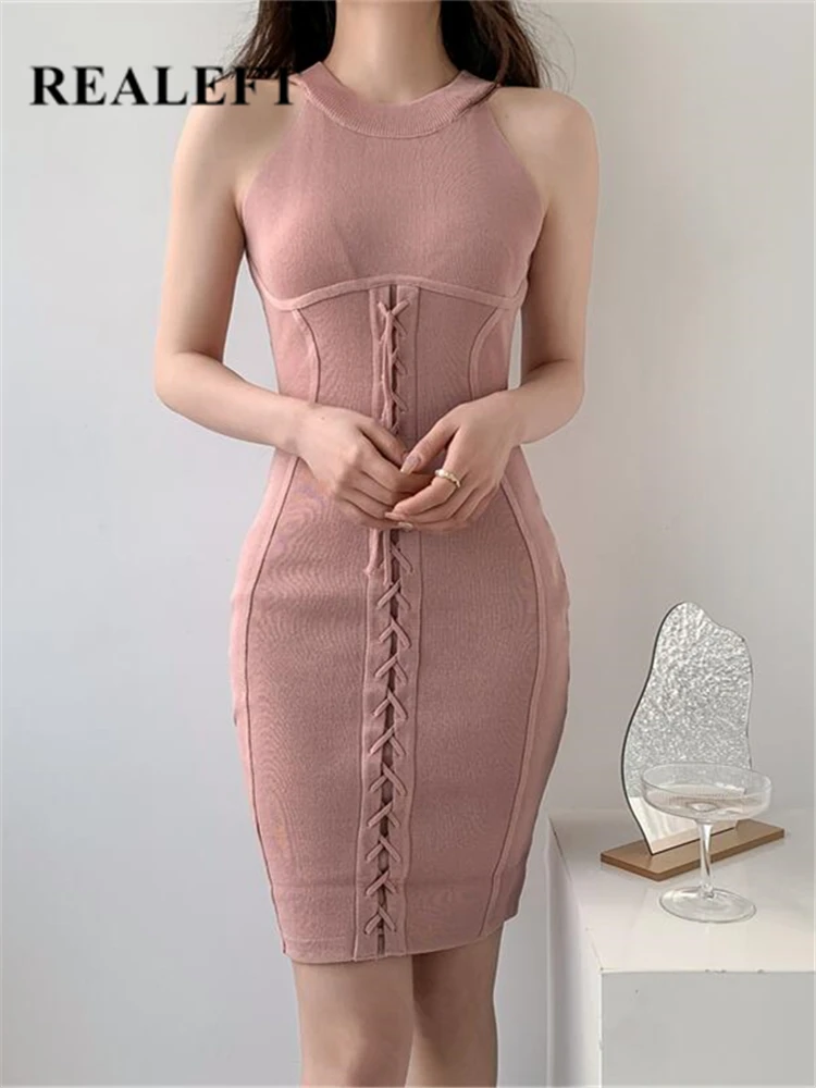 

REALEFT Summer Lace Up Knitted Women's Bandage Wrap Dresses Sleeveless High Waist Sheath Pencil Sexy Mini Party Dress 2023 New