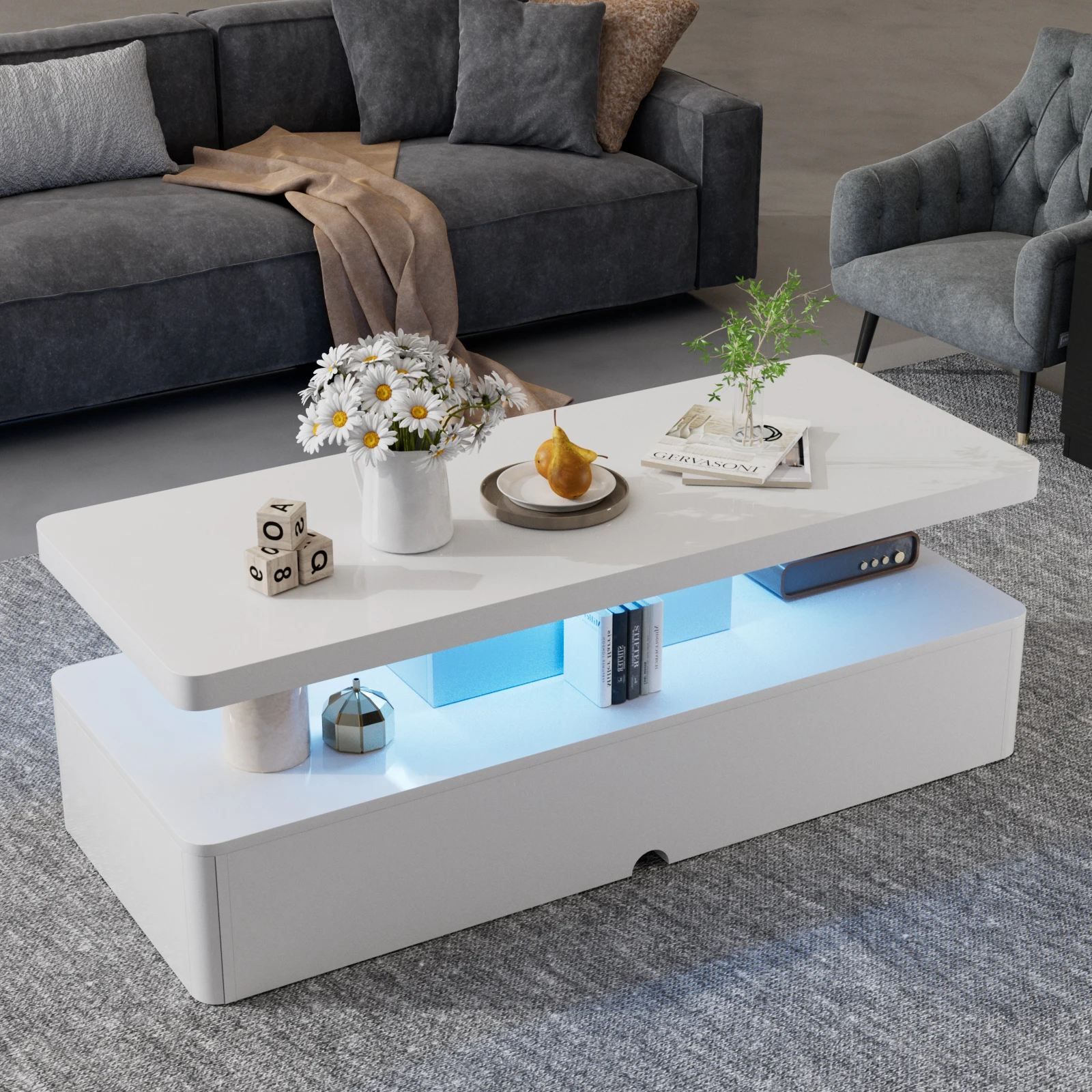 Modern Stylish Coffee Table with 16 Colors LED Lights, Double-Layer Design for Living Room, White