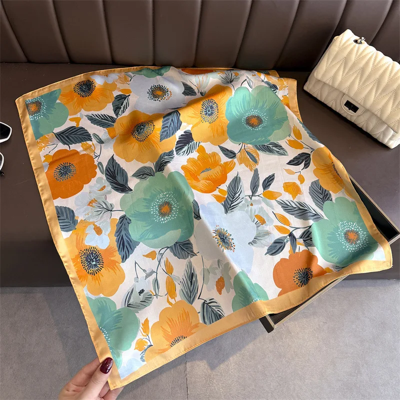 2026 Flower Printed Designer 70cm Square Silk Women's Scarf Satin Scarves Fashion Shawl Headscarf Headband Bandana Hijab Wrap