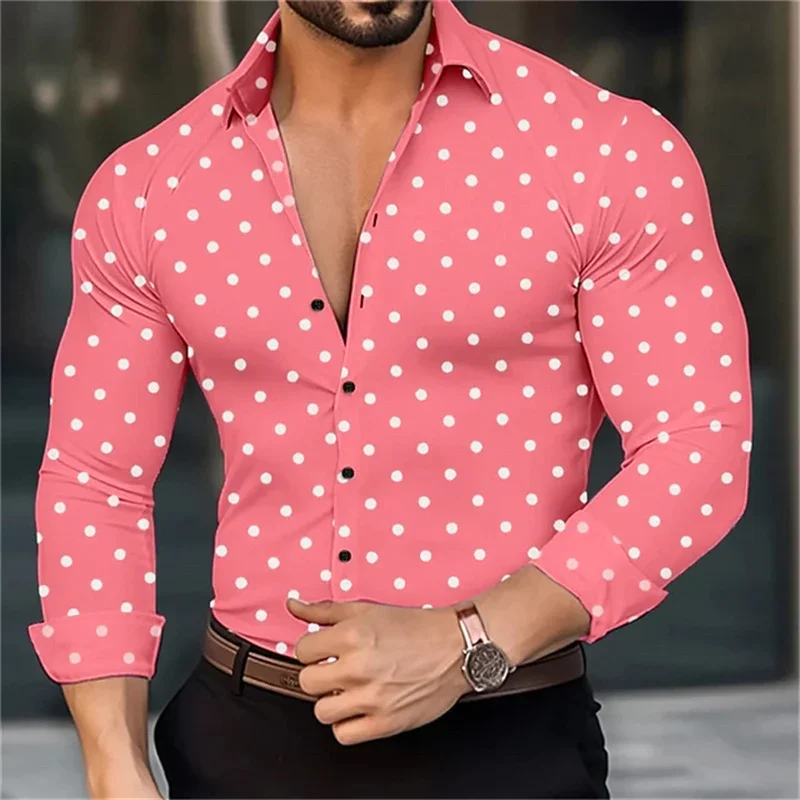 2024 men's button fashion long sleeved polka dot lapel long sleeved shirt outdoor streetwear casual breathable men's clothing