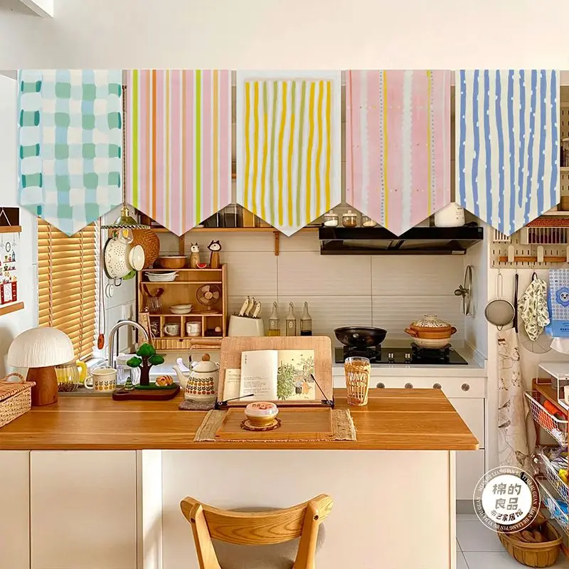 VIKAMA Pastel Color Line Grid Triangle Hanging Banner Noren Curtain Home Kitchen Bistro Entrance Wall Hanging Decor