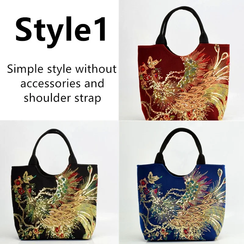 Shiny Sequins Peacock Embroidered Women Canvas Totes Bag, Summer Shopping Shoulder Bag Vintage Beaded String Handbag Black