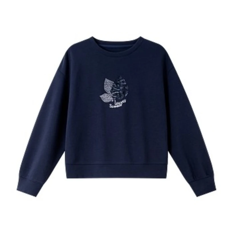 VIMLY Navy Blue Women's Sweatshirts 2025 Autumn Embroider Sequined Round Neck Sweatshirt Long Sleeve Knitted Ladies Tops A2156
