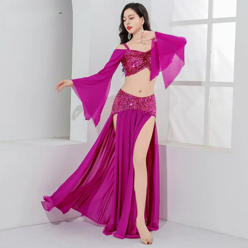 زي الرقص الشرقي للنساء بأكمام طويلة + تنورة طويلة مكونة من قطعتين زي أداء شرقي للبالغين مجموعة ممارسة الرقص الشرقي