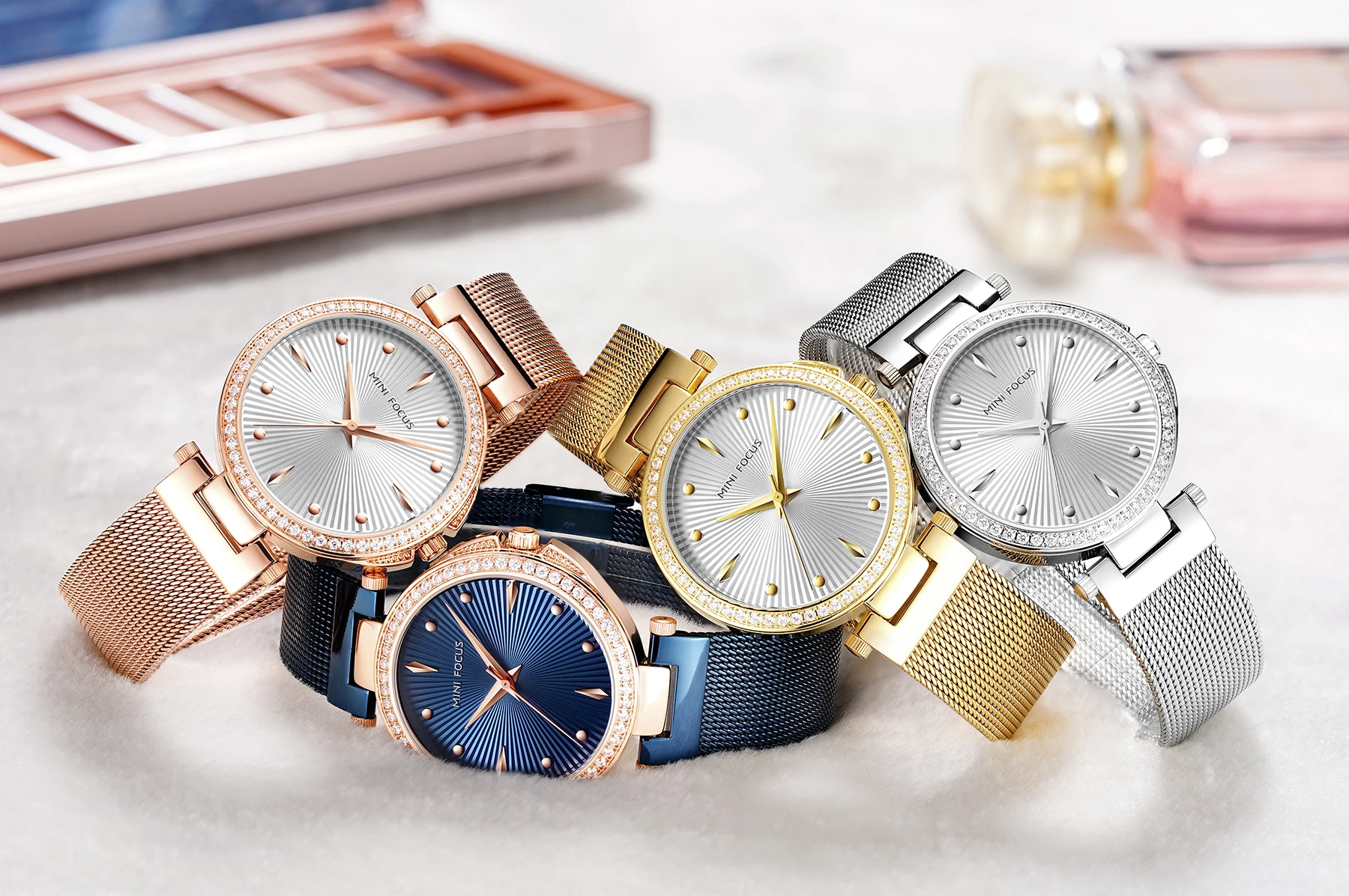 MINI FOCUS MF0194L Luxury Women Quartz Watch Fashion Diamonds Case Mesh Stainless Steel Band Waterproof Lady Dress Watches
