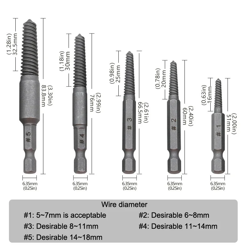 Alat Ekstraktor Sekrup Rusak 6-Piece, Ekstraktor Sekrup Ulir Rusak, Alat Penghilang Sekrup Ulir Rusak dengan Gagang Hexagonal Elektrik