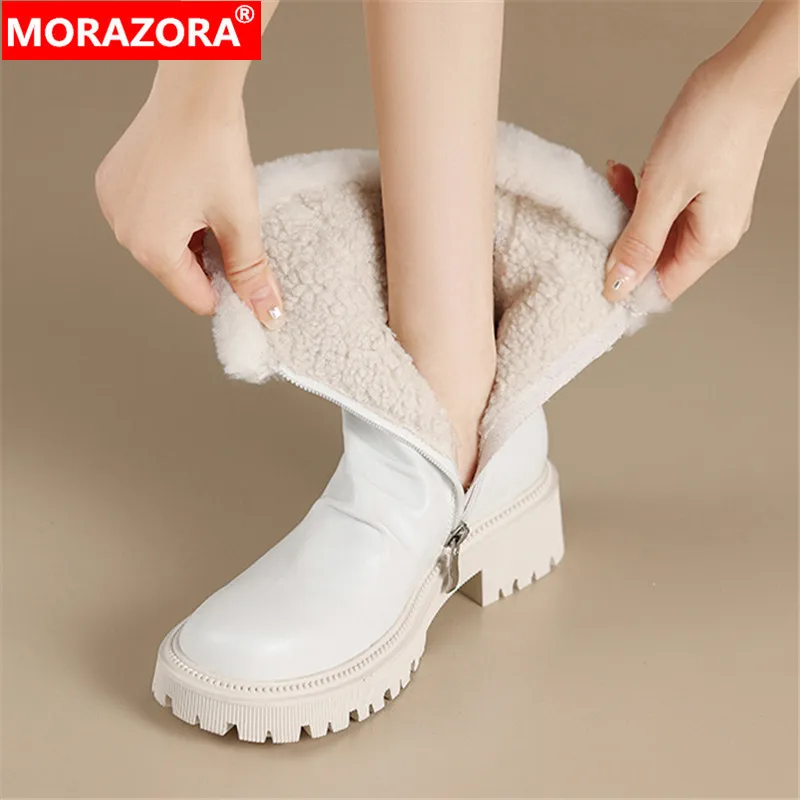 

MORAZORA 2024 New Top Sale Thick Plush Snow Boots Platform Genuine Leather Ankle Boots Woman Ladies Zipper Winter Boots