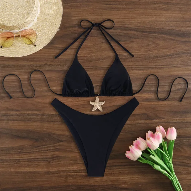 

Metal Starfish Black Halter String Bikini Thong Sexy Swimsuit Women 2025 Swimwear Bathing Suit Triangle Bikinis Sets De Mujer