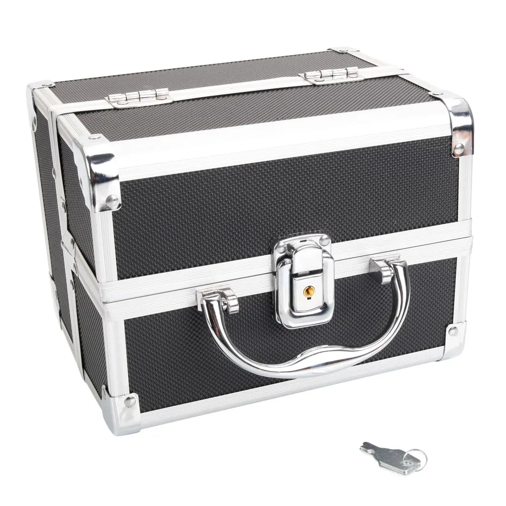 

SM-2176 Aluminum Makeup Train Case Jewelry Box Cosmetic Organizer with Mirror 9"x6"x6" Black